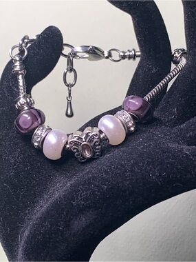 Elegant Purple Glass & Silver Bead Bracelet